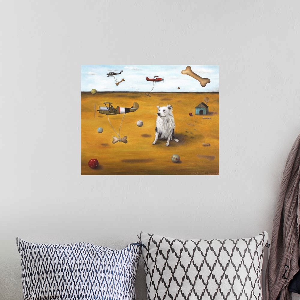 A bohemian room featuring Surrealist painting of a dog sitting on dry arid land watching dog bones being carried around by ...