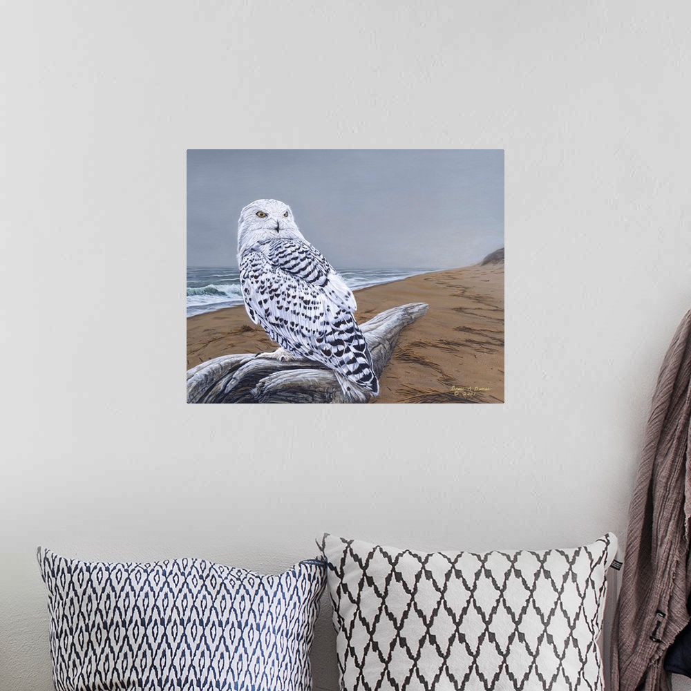 A bohemian room featuring Contemporary painting of a snowy owl perched on driftwood on a beach.