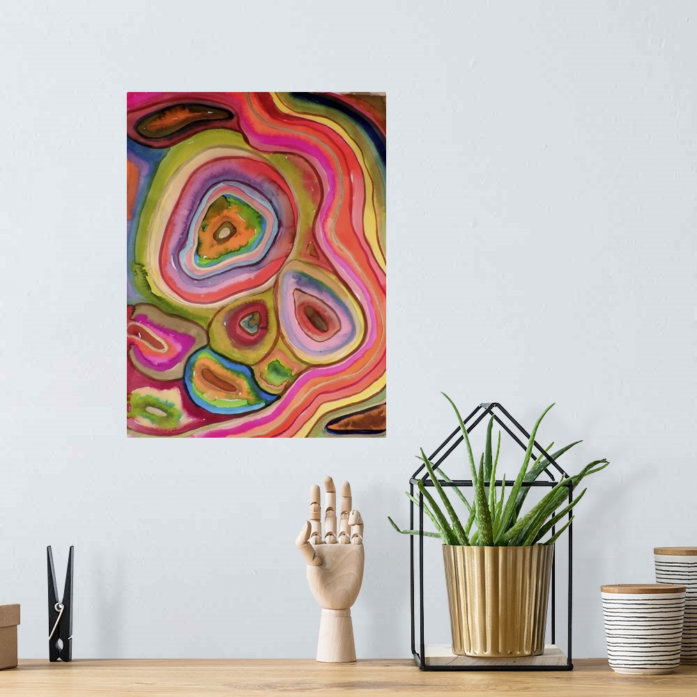 A bohemian room featuring Contemporary abstract painting using wild colors and shapes.