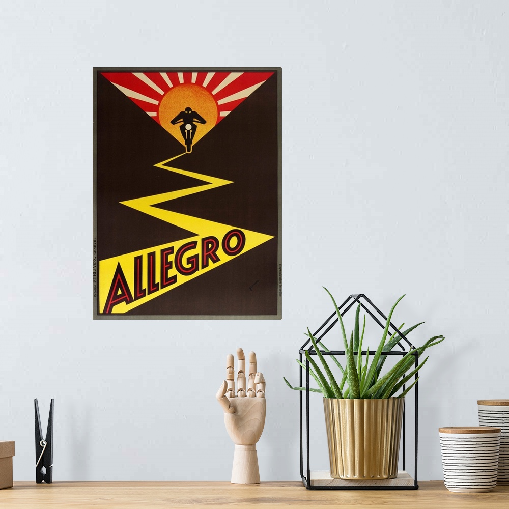 A bohemian room featuring Vintage advertisement artwork for Allegro motorcycles.