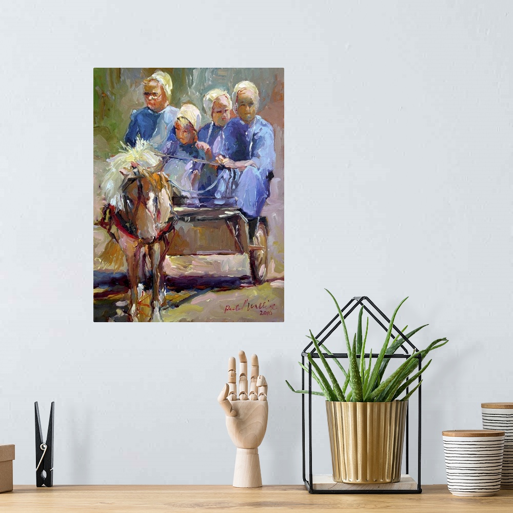 A bohemian room featuring Contemporary painting of Amish women in horse drawn cart.