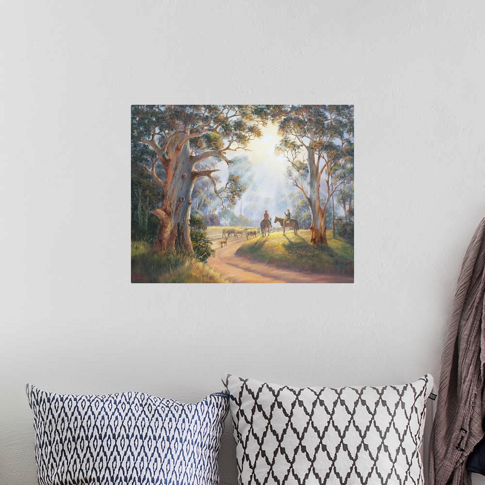 A bohemian room featuring Contemporary painting of cowboys moving cattle through a wooded path in the early morning.