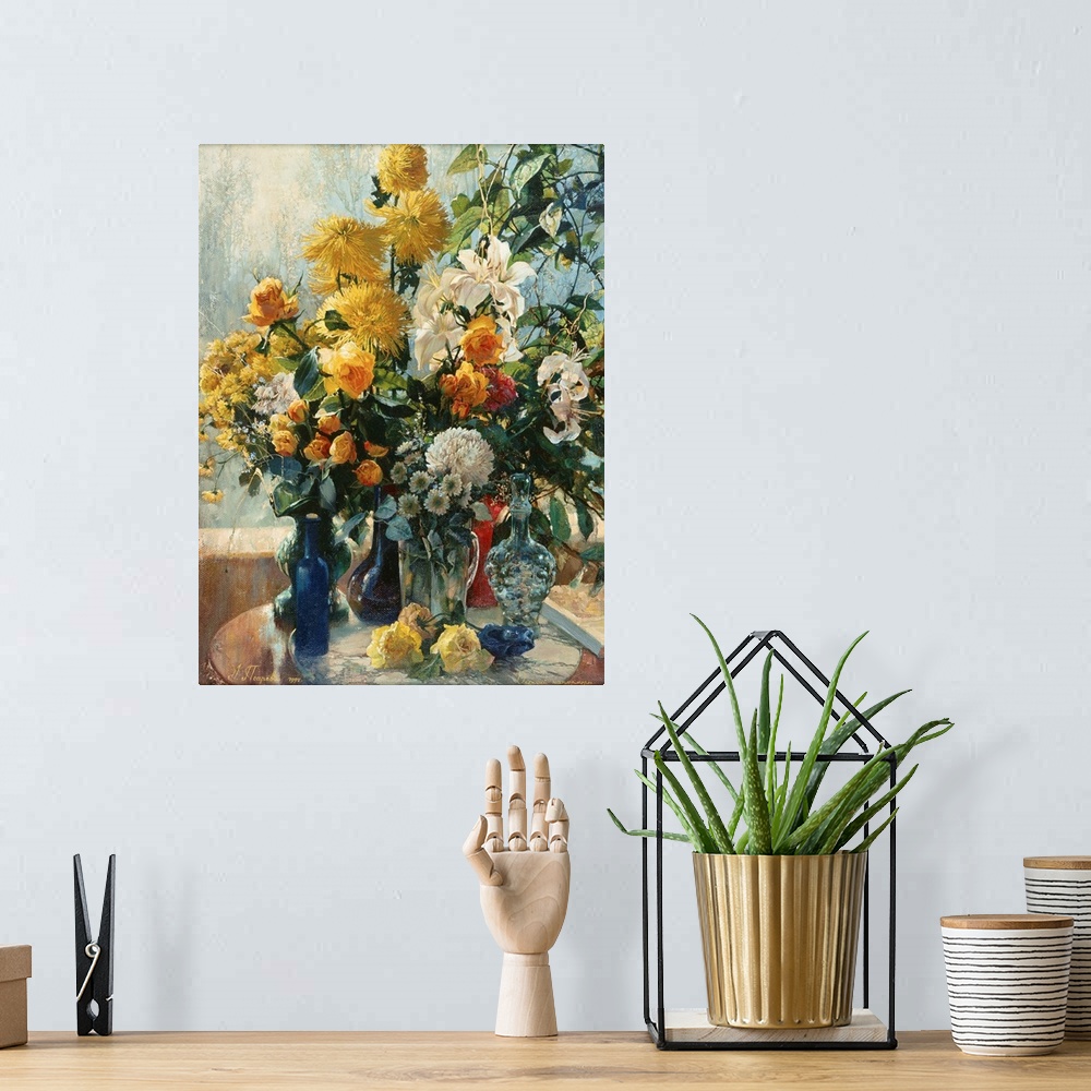 A bohemian room featuring Colorful contemporary still-life painting of a multi-colored flowers in vases.