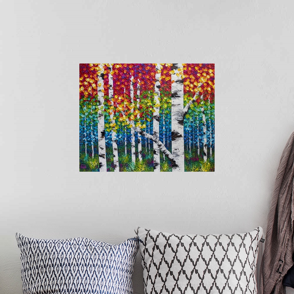 A bohemian room featuring Original fine art painting of aspen and birch trees in autumn forest by Canadian landscape painte...