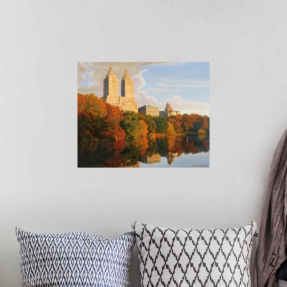 A bohemian room featuring skyline of central park and hudson river in fall