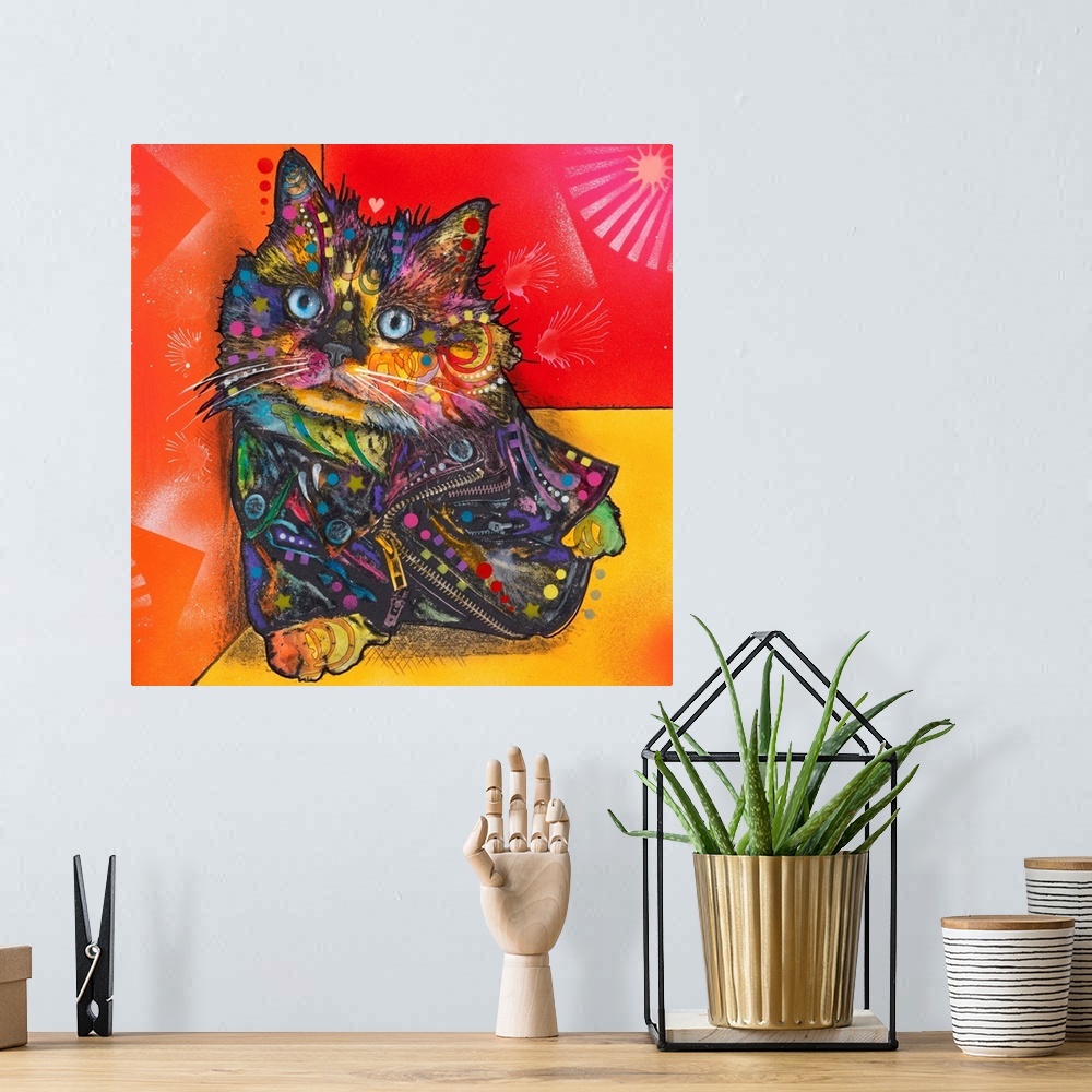 A bohemian room featuring Colorful square illustration of a cat covered in graffiti-like designs and wearing a leather jack...