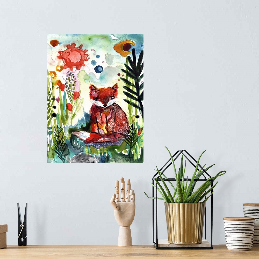 A bohemian room featuring A watercolor painting of a fox among tall plants with the sun above.