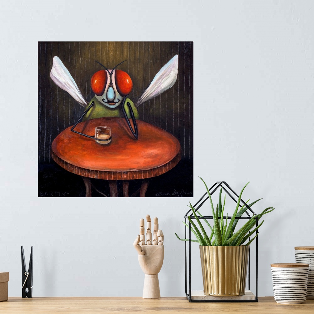 A bohemian room featuring Surrealist painting of a barfly with bright red eyes.