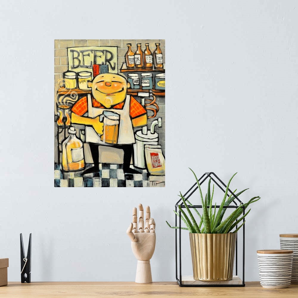 A bohemian room featuring Vertical painting of a smiling man in an apron, brewing beer in a basement setting.  He is surrou...