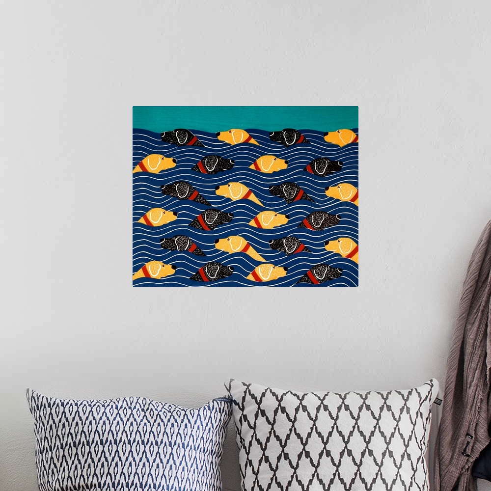 A bohemian room featuring Pattern of black and yellow labs swimming in the ocean waves in opposite directions.