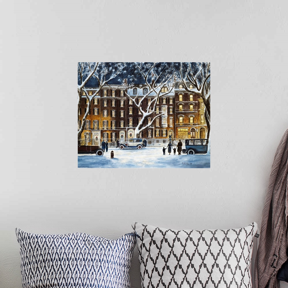 A bohemian room featuring Contemporary painting of winter city scene.