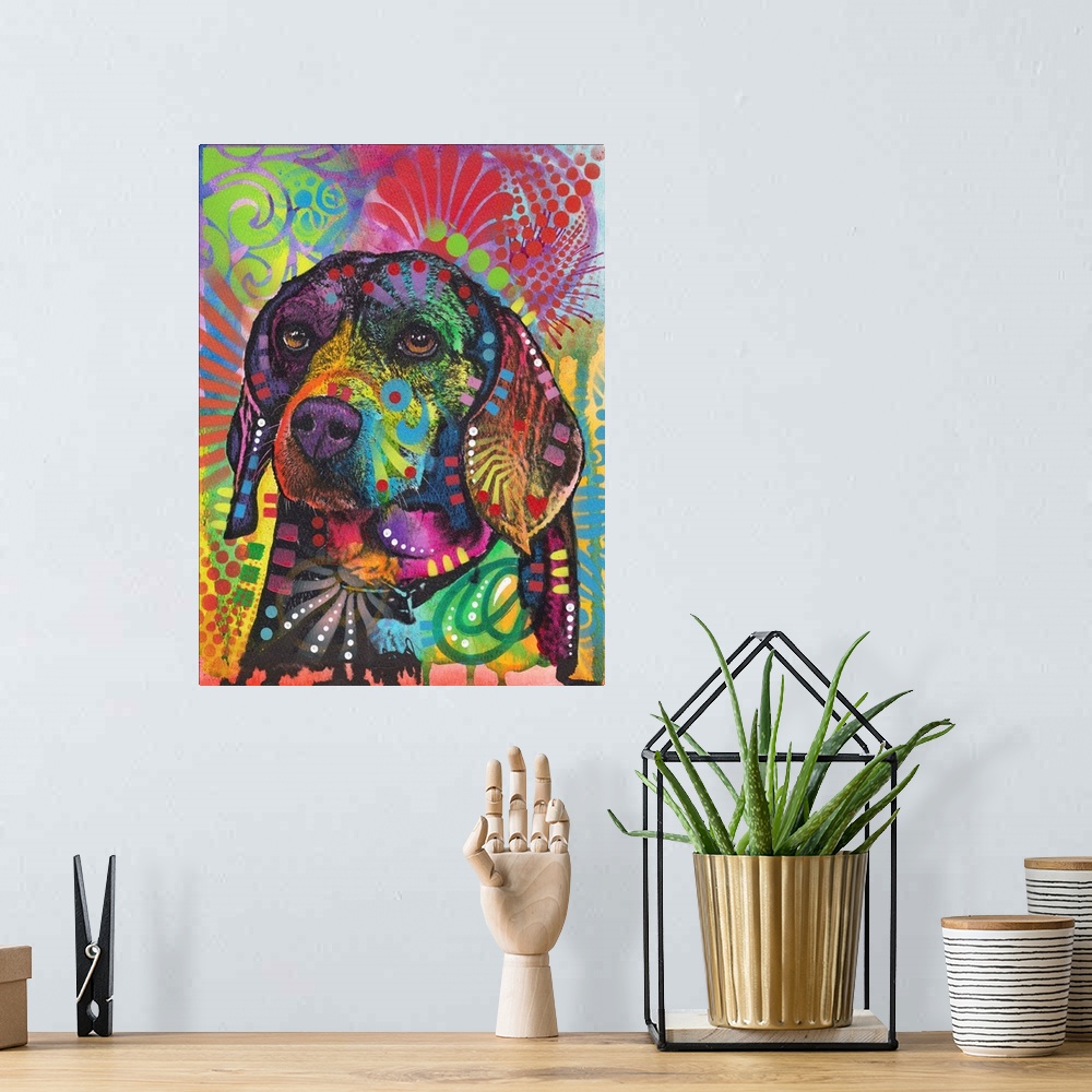 A bohemian room featuring Pop art style illustration of a beagle with colorful markings all over and a graffiti background.