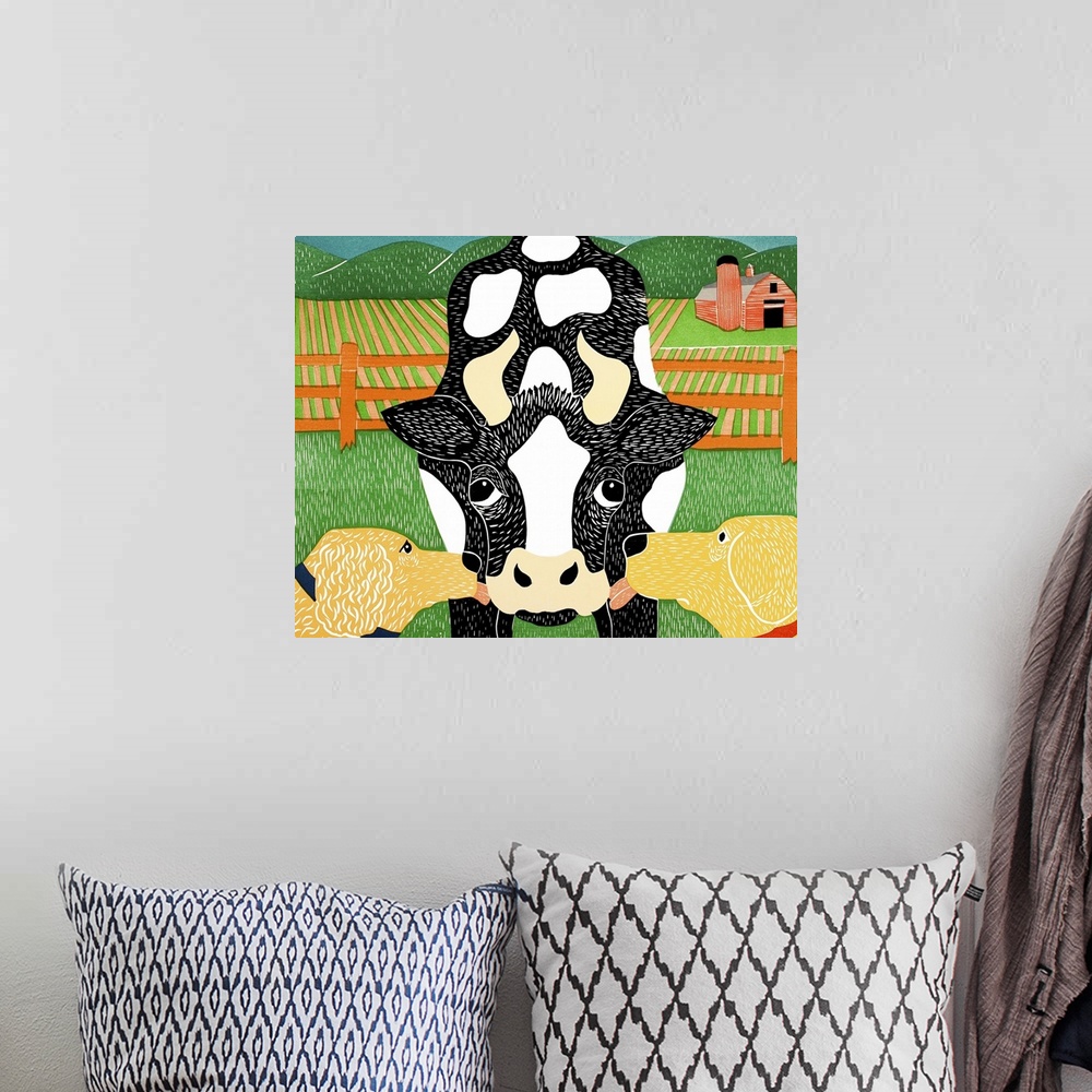 A bohemian room featuring Illustration of a golden retriever and a yellow lab licking a cow with a farm and red barn in the...