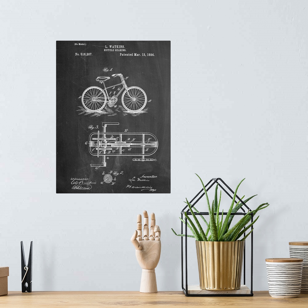 A bohemian room featuring Black and white diagram showing the parts of a bicycle.
