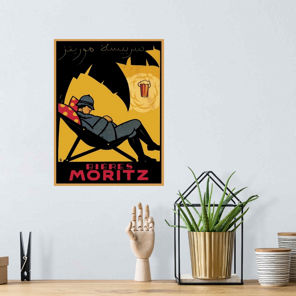 A bohemian room featuring Bieres Moritz - Vintage Beer Advertisement