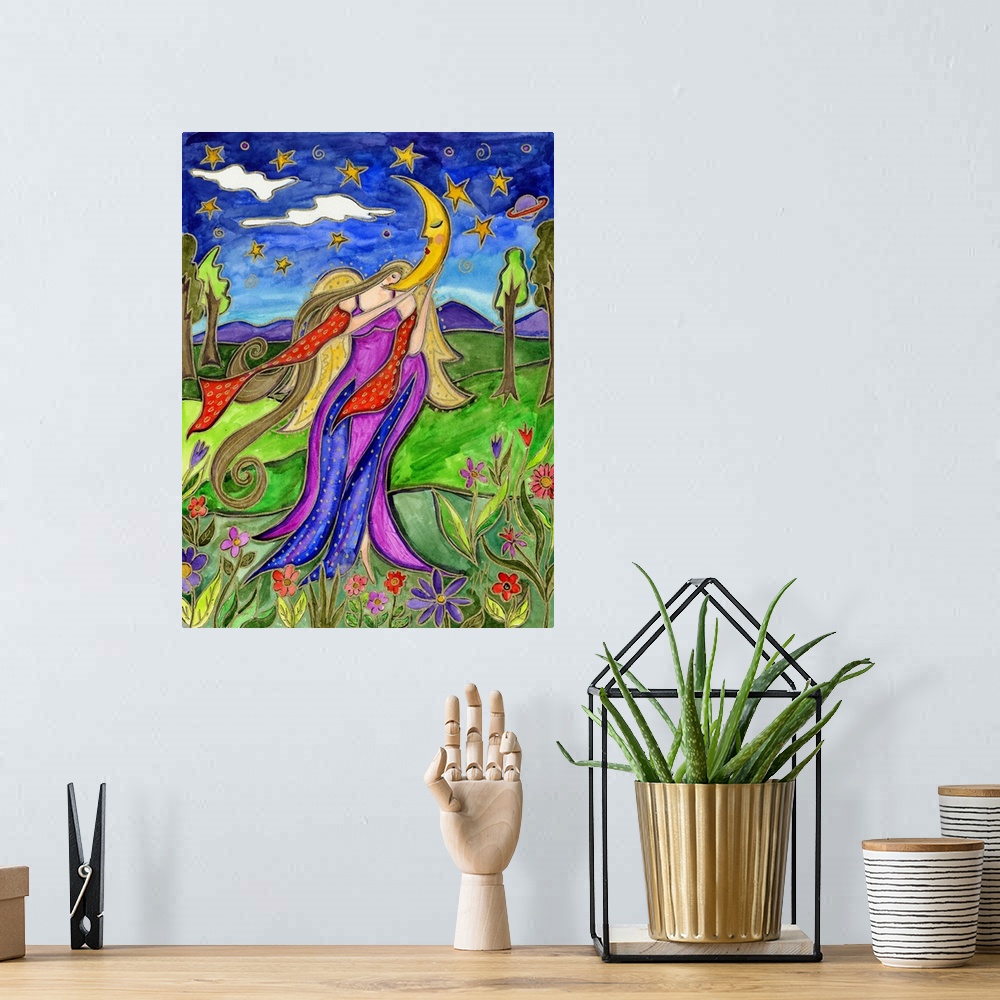 A bohemian room featuring An angel in a flowing dress holding a crescent moon in a garden under a starry sky.