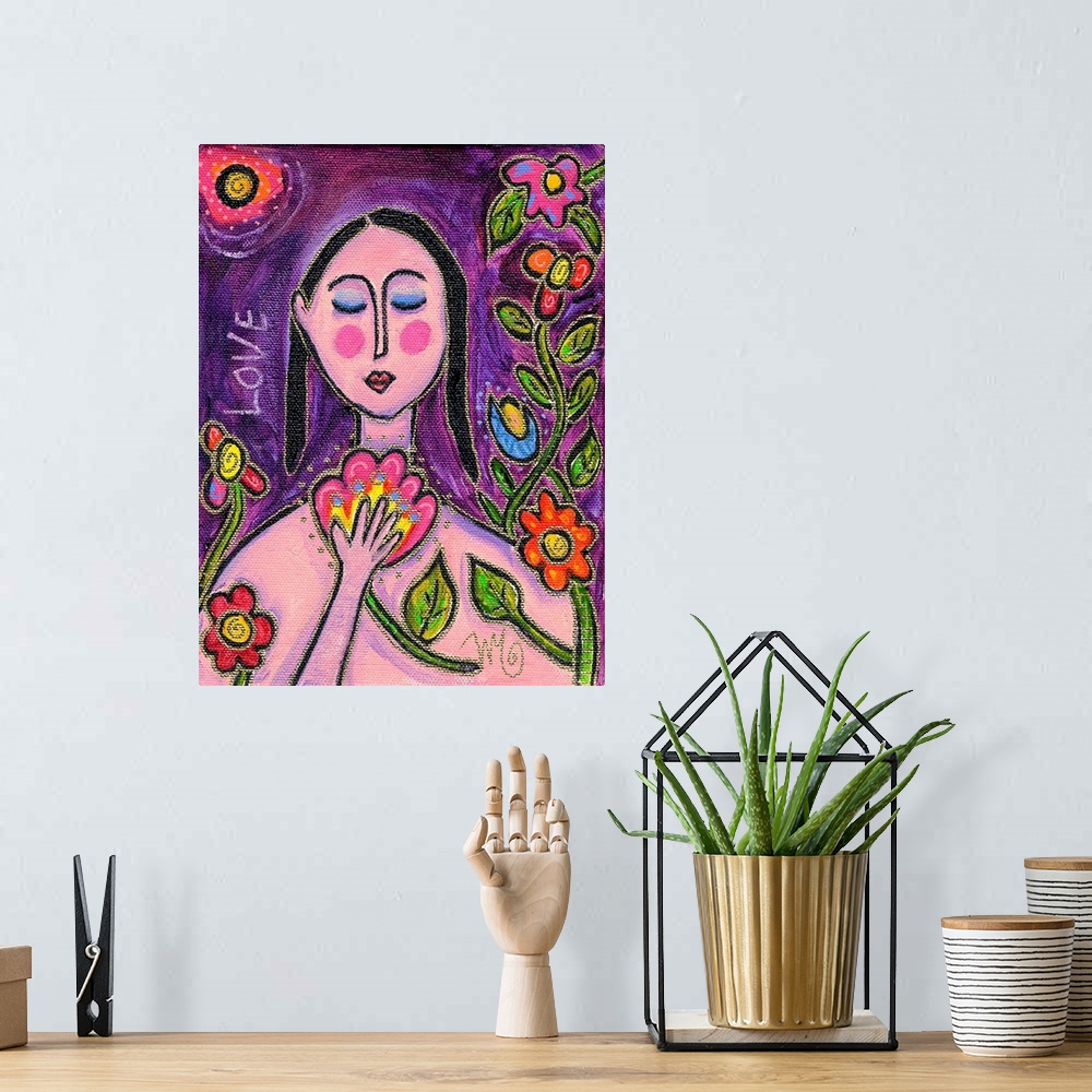 A bohemian room featuring A pink woman holding and surrounded by flowers.