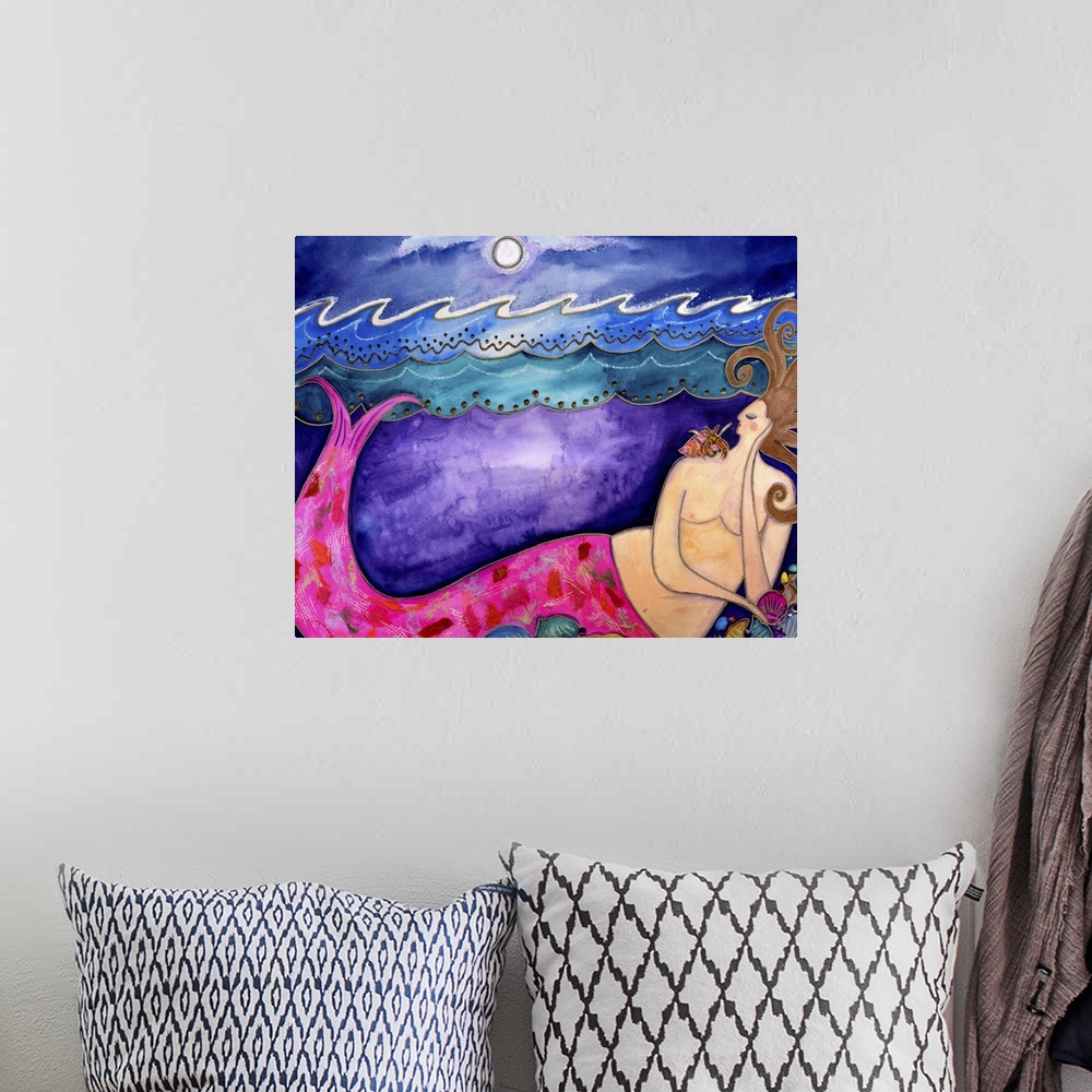 A bohemian room featuring A mermaid with a pink tale under the waves with a collection of shells.