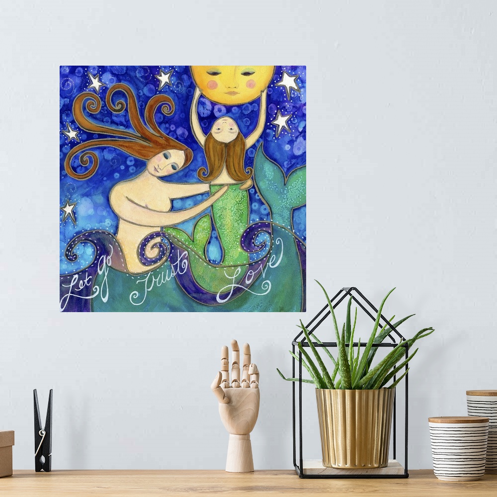 A bohemian room featuring A mermaid helping her daughter touch the moon.