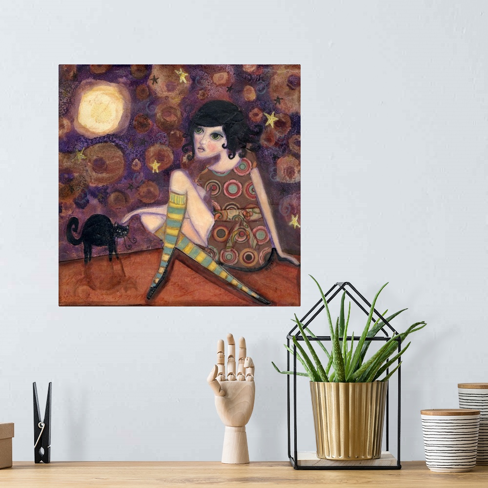 A bohemian room featuring Painting of a girl in a patterned dress petting a black cat under a full moon.