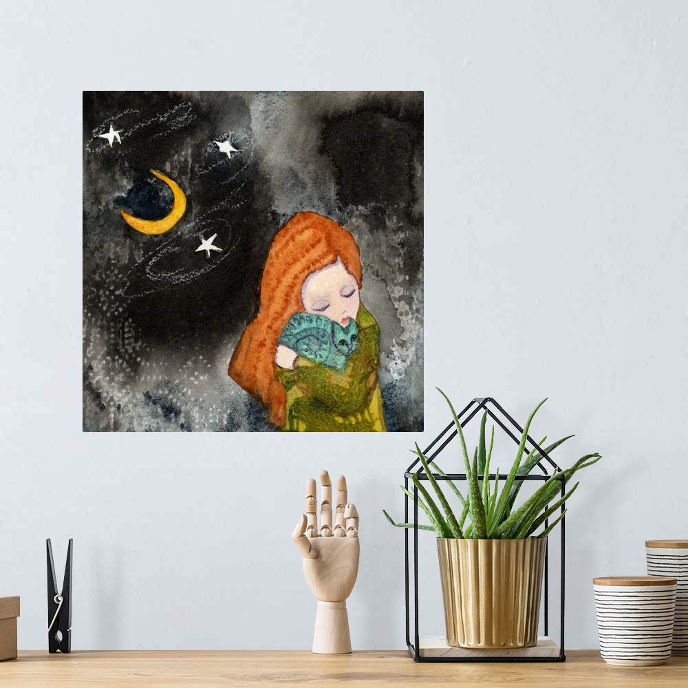 A bohemian room featuring A girl with red hair holding a cat under the moon and stars.