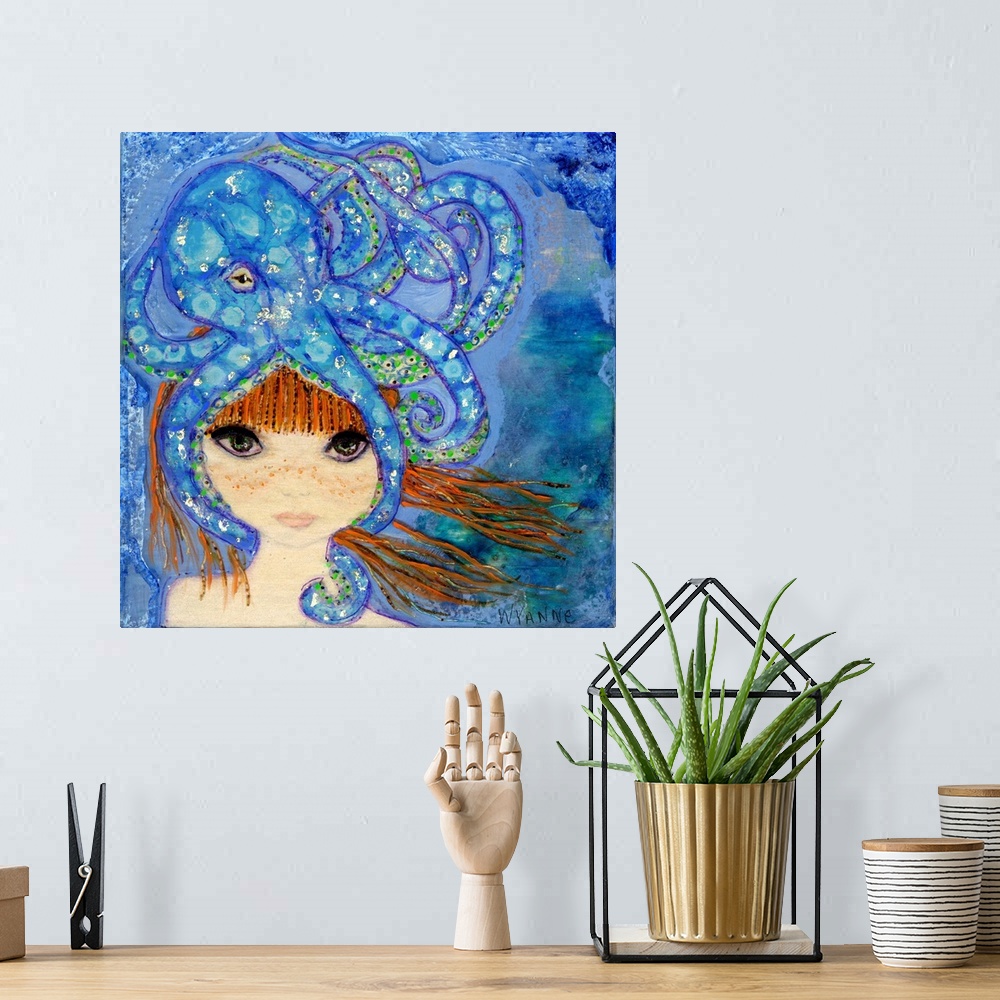 A bohemian room featuring Painting of a girl with large eyes with a big blue octopus on her head.