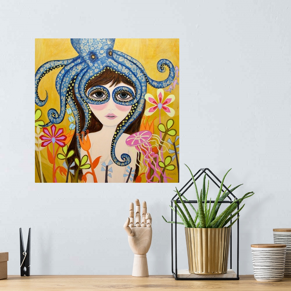 A bohemian room featuring A girl with a blue octopus on her head, with its tentacles around her eyes.