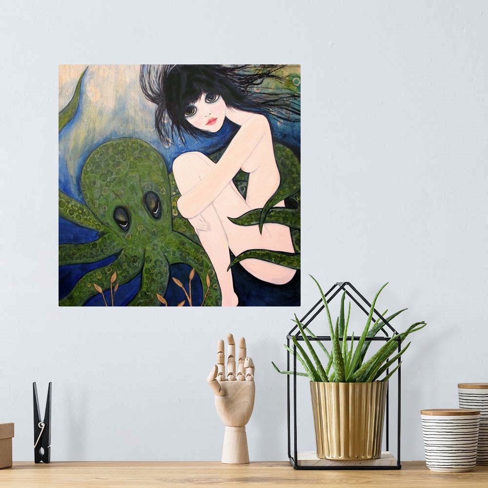 A bohemian room featuring A nude woman underwater with a green octopus.