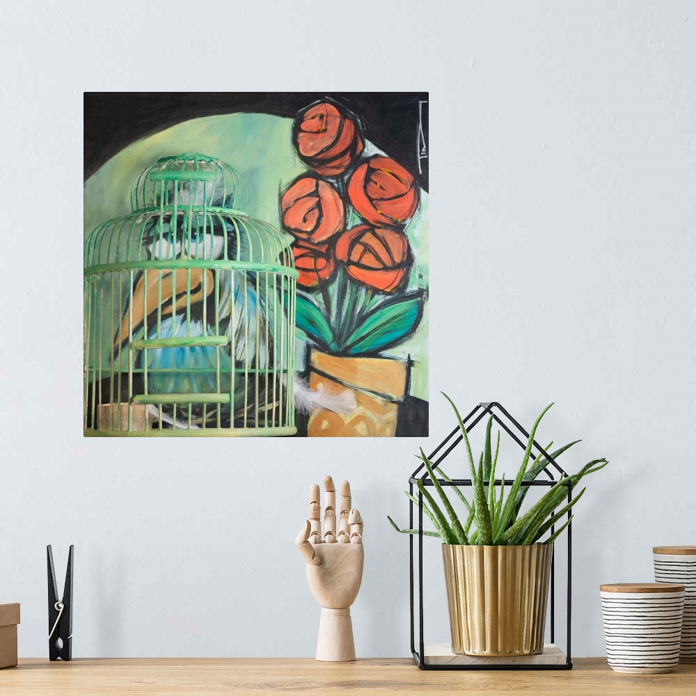 A bohemian room featuring Mixed media painting of a bird next to roses in a vase, with an actual cage.