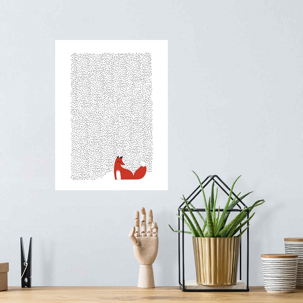 A bohemian room featuring Contemporary artwork of a red fox surrounded by a lined pattern against a white background.