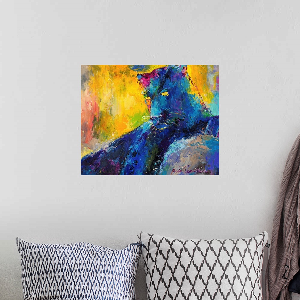 A bohemian room featuring Colorful abstract painting of a panther resting.