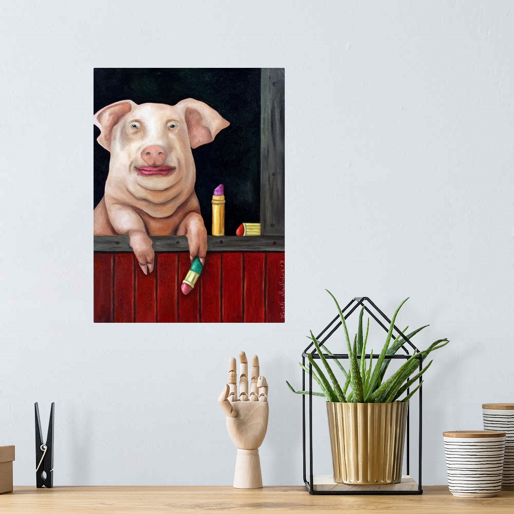 A bohemian room featuring Surrealist painting of a pig putting lipstick on.