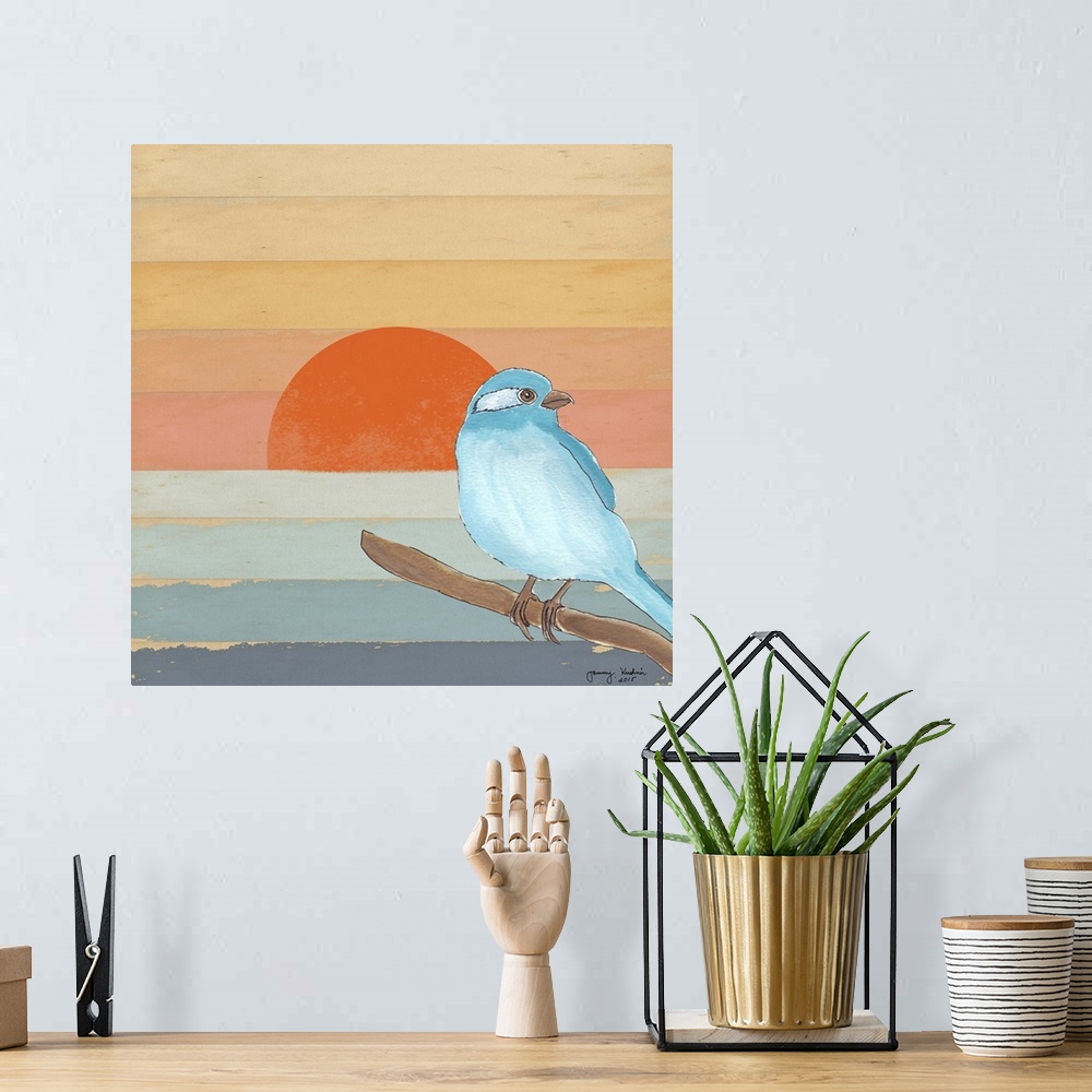 A bohemian room featuring Drawing of a bird on a striped sunset background.