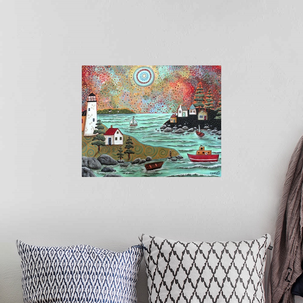 A bohemian room featuring Contemporary painting of a coastal scene with a lighthouse and boats.