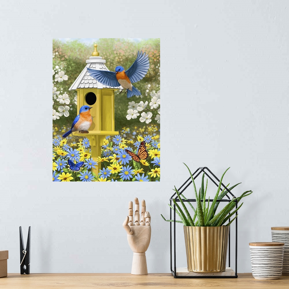 A bohemian room featuring Bluebirds at a yellow birdhouse.