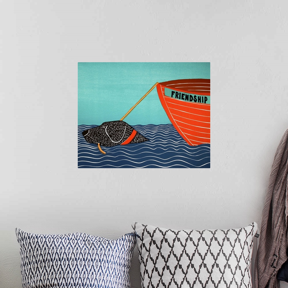 A bohemian room featuring Illustration of a black lab in the ocean pulling a bot behind him with the name "Friendship"