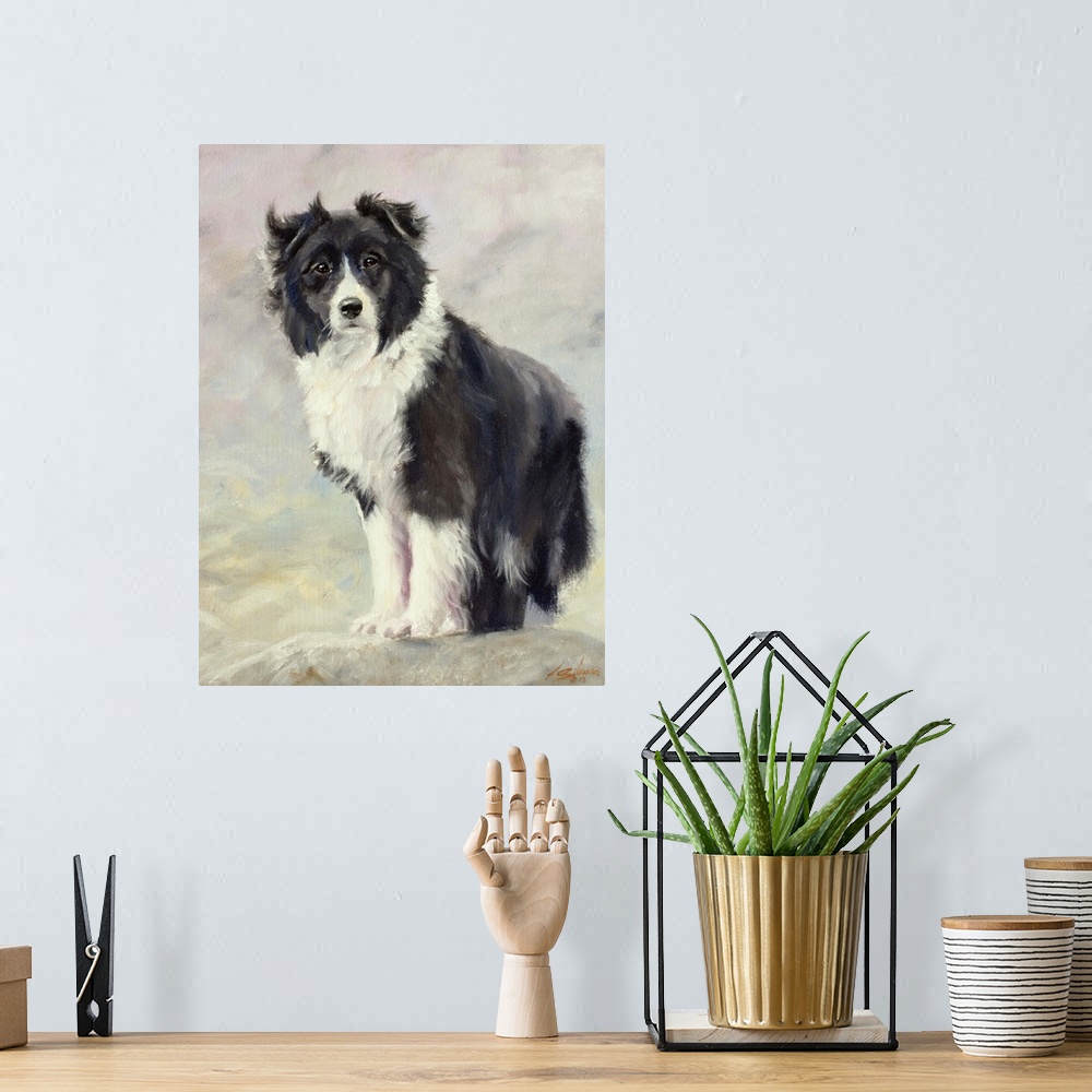 A bohemian room featuring Contemporary painting of a border collie.