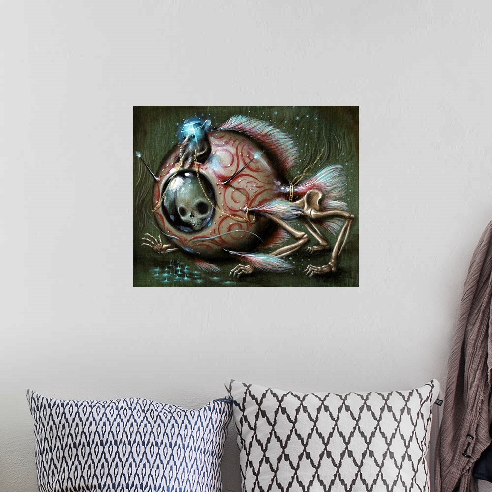 A bohemian room featuring Surrealist painting of a creature with a glass cube-like head sitting atop a skeleton wearing a f...