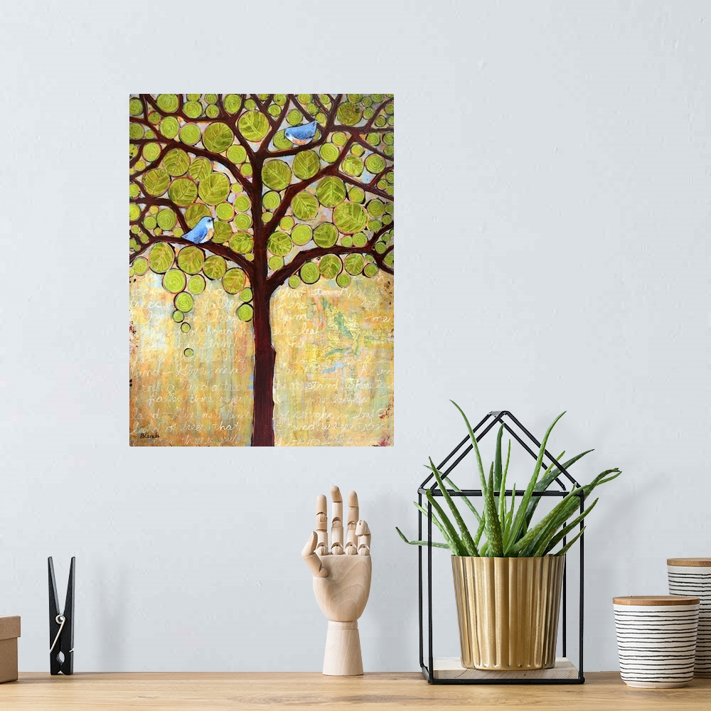 A bohemian room featuring Lighthearted contemporary painting of a tree with blue birds perched on the on the branches.