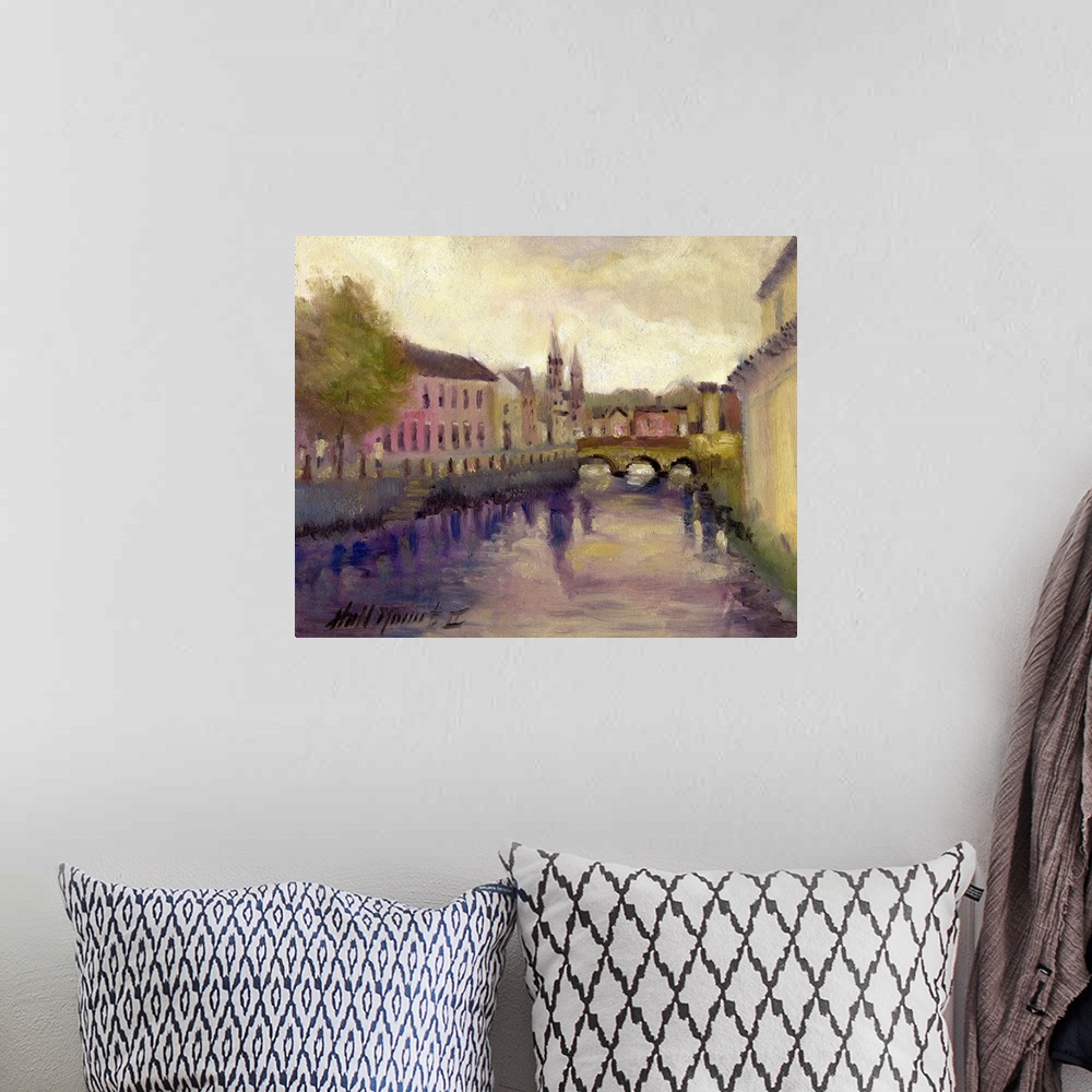 A bohemian room featuring Contemporary painting of a scenic view of a town in Ireland.