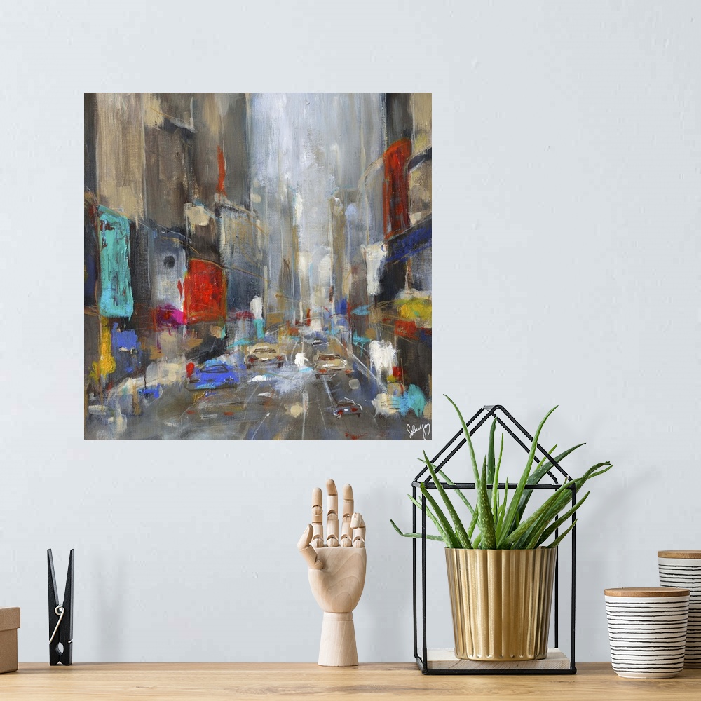 A bohemian room featuring Contemporary painting of a busy street full of traffic.