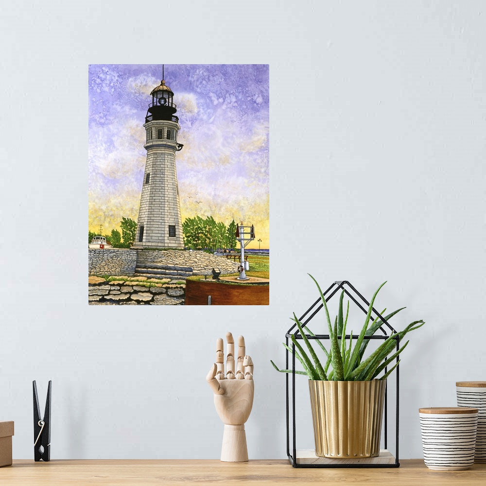A bohemian room featuring Contemporary painting of a white lighthouse at dusk.