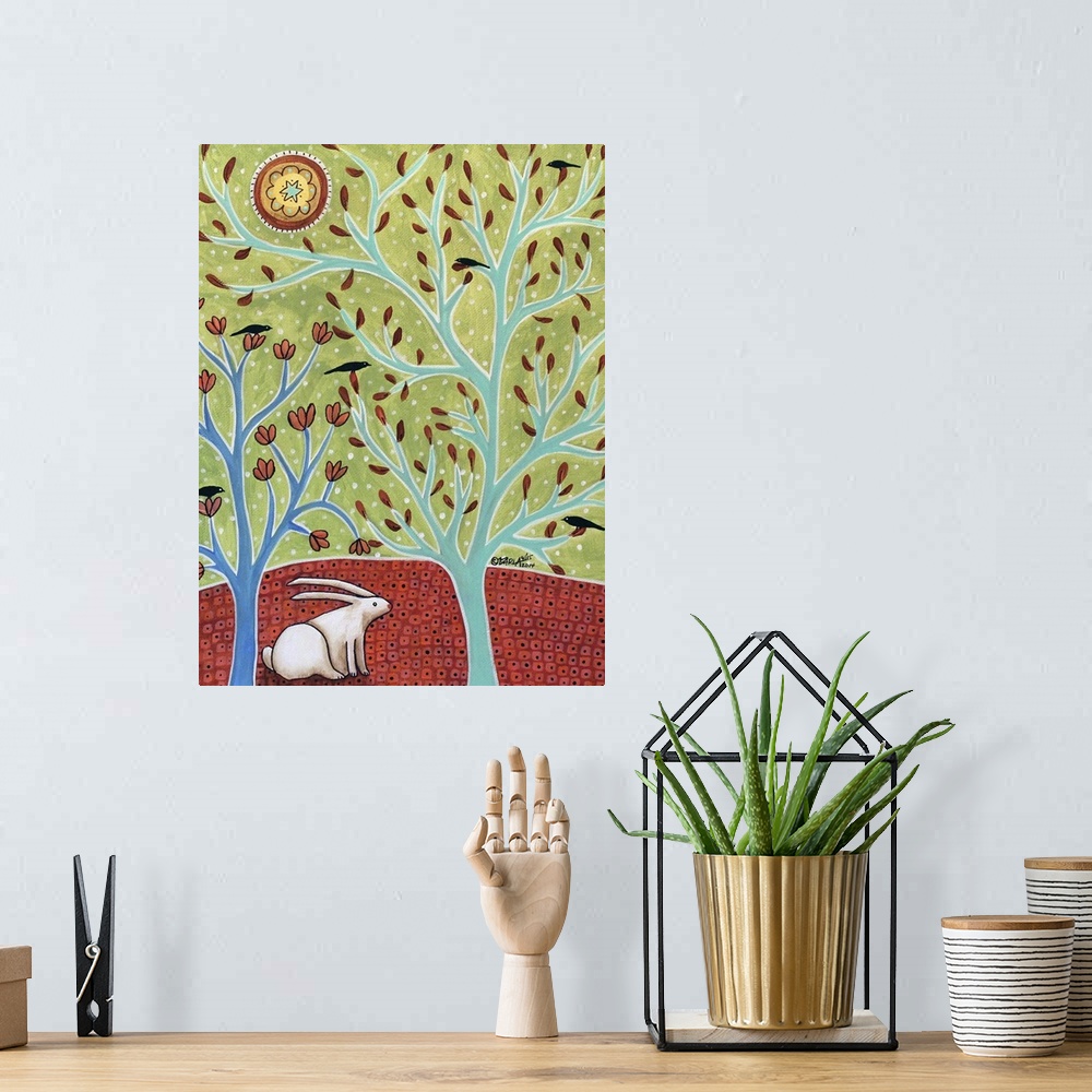 A bohemian room featuring Contemporary painting of a white rabbit in a forest.