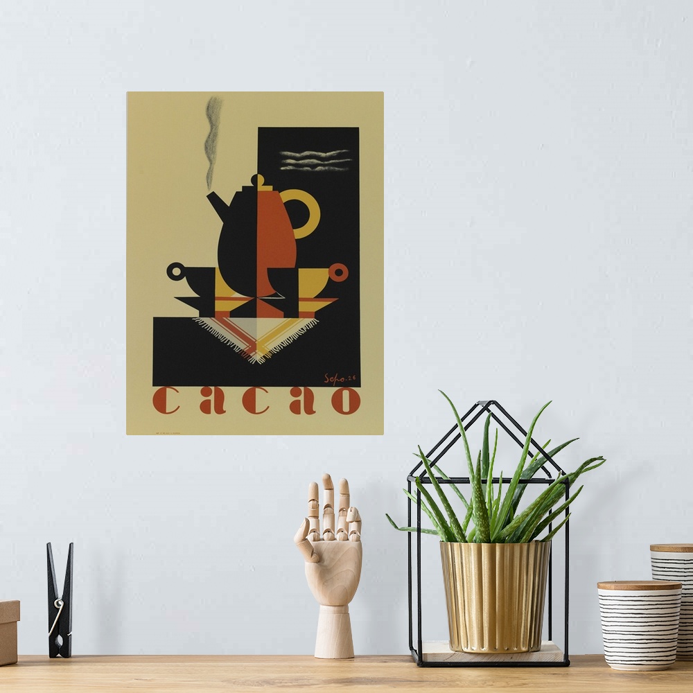 A bohemian room featuring Vintage poster advertisement for Cacao.