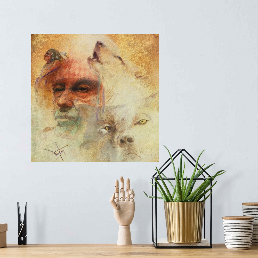 A bohemian room featuring A contemporary painting of a Native American man portrait next to an image of a wolf.