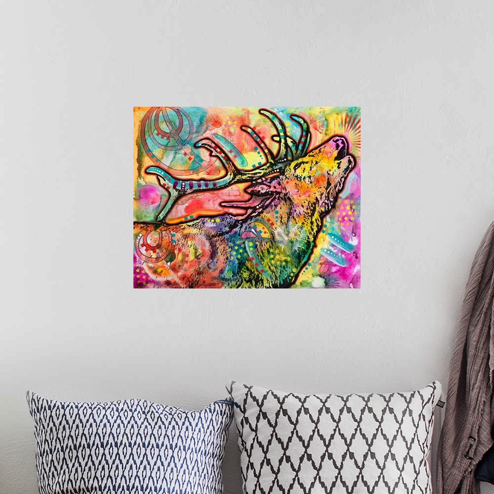 A bohemian room featuring Colorful painting of an elk with its chin up calling in the wind with abstract designs all over.