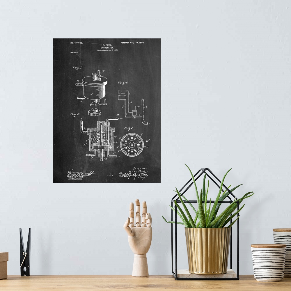A bohemian room featuring Black and white diagram showing the parts of Henry Ford's carburetor.