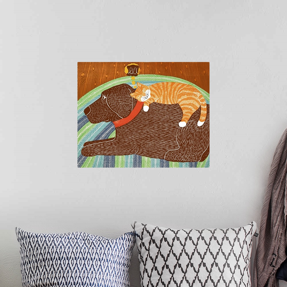 A bohemian room featuring Illustration of an orange cat sleeping on top of a chocolate lab and dreaming about the dog, whil...
