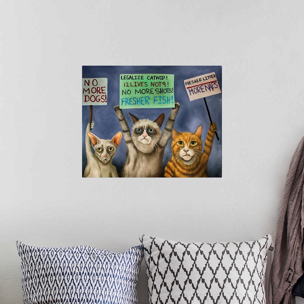 A bohemian room featuring Surrealist painting of a group of cats protesting.