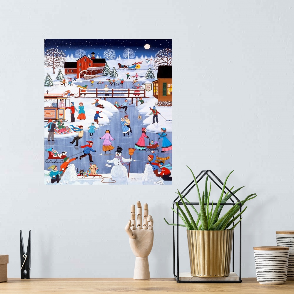 A bohemian room featuring A snowman at the edge of a frozen pond surrounded by children ice skating and throwing snowballs.
